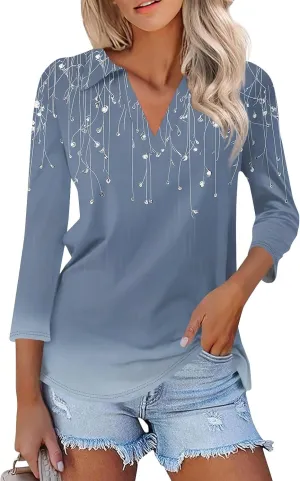 Women's Floral Embroidered V-Neck 3/4 Sleeve Casual Blouse Top Comfortable and Stylish for Everyday Wear