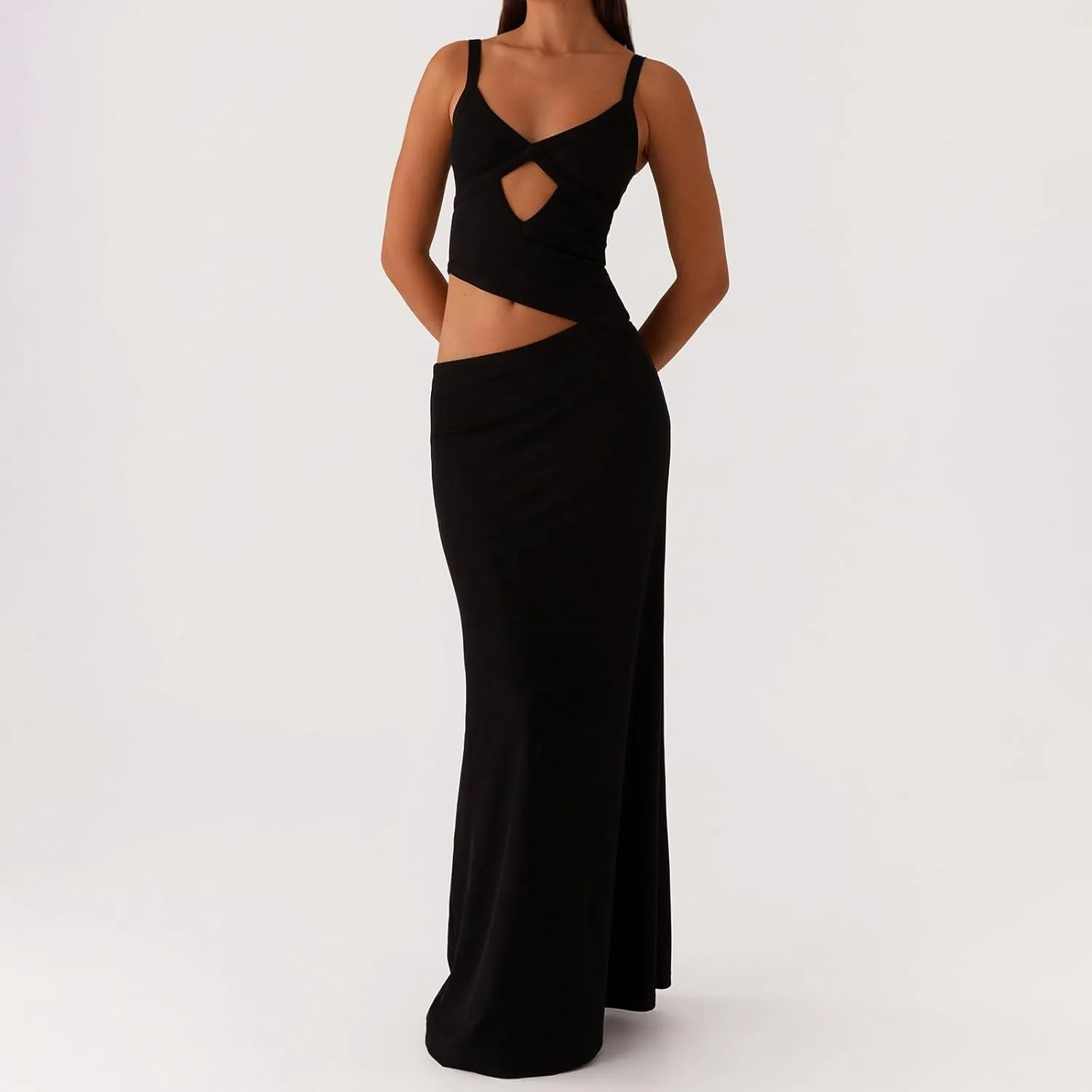 Women's Slip Maxi Dress Knit Sexy Lounge Low Cut Sleeveless Backless Hollow Ribbed Bodycon Dresses Long Dress