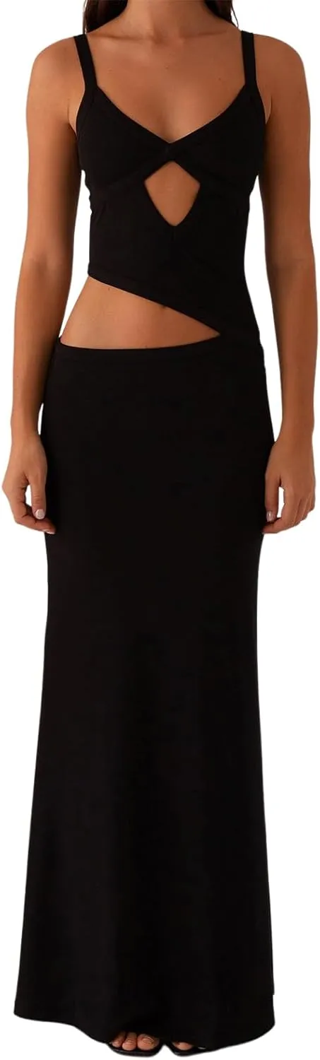 Women's Slip Maxi Dress Knit Sexy Lounge Low Cut Sleeveless Backless Hollow Ribbed Bodycon Dresses Long Dress