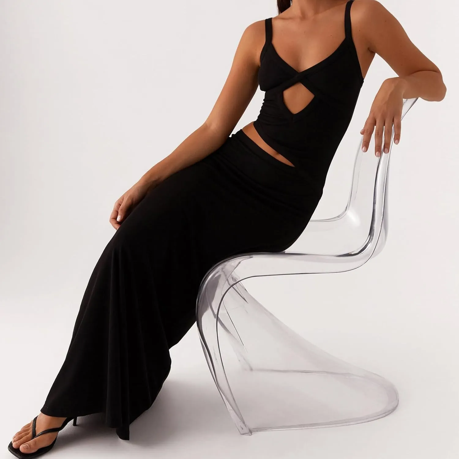 Women's Slip Maxi Dress Knit Sexy Lounge Low Cut Sleeveless Backless Hollow Ribbed Bodycon Dresses Long Dress