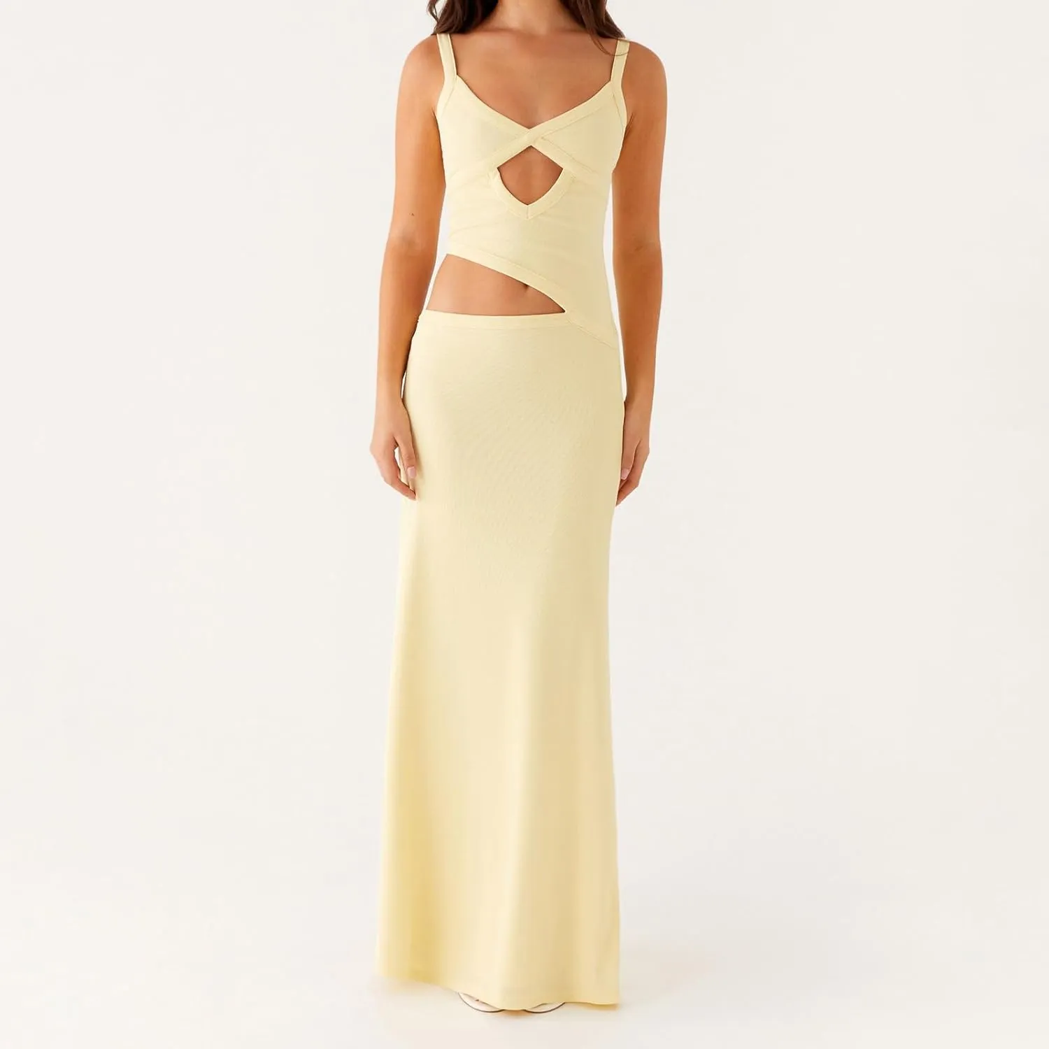 Women's Slip Maxi Dress Knit Sexy Lounge Low Cut Sleeveless Backless Hollow Ribbed Bodycon Dresses Long Dress