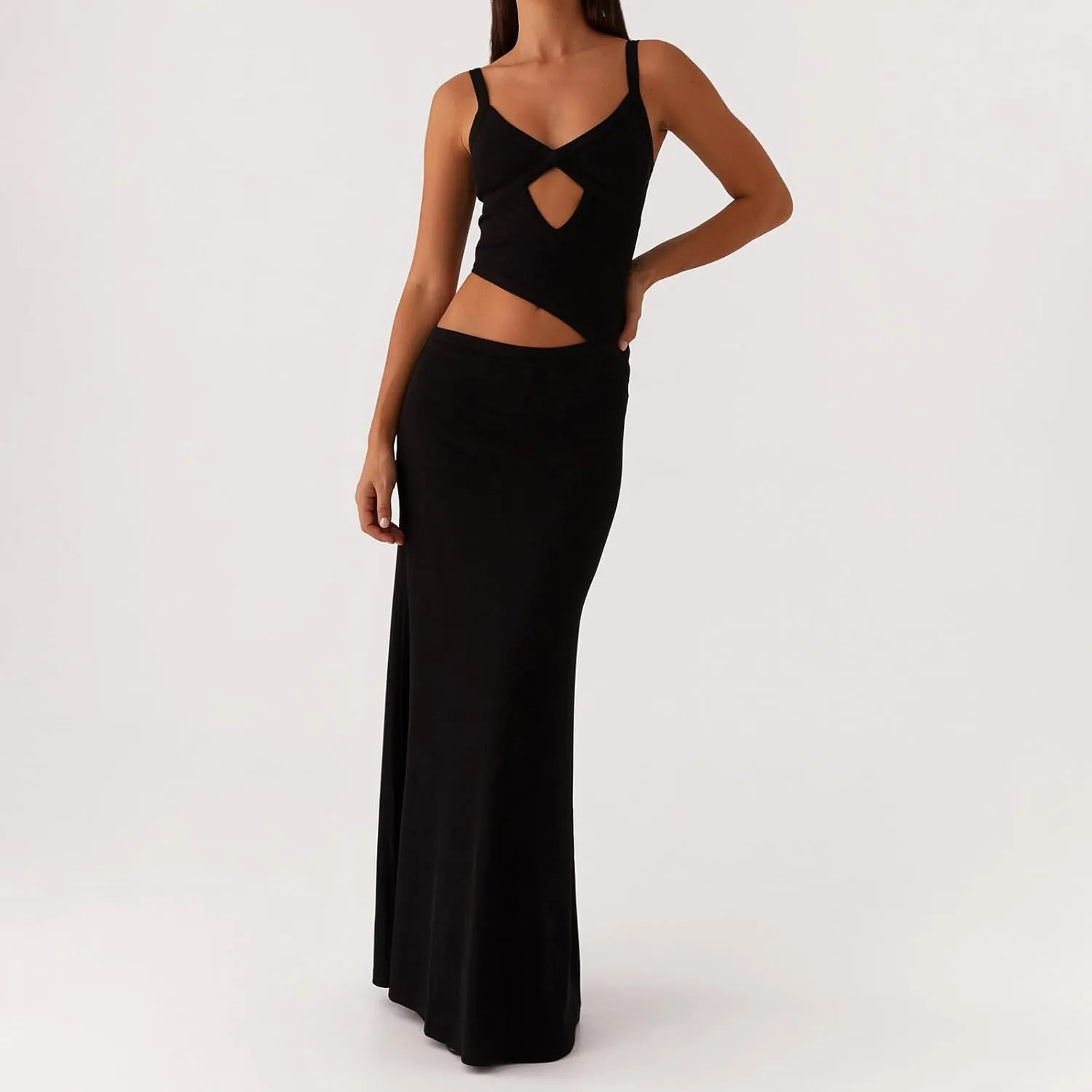 Women's Slip Maxi Dress Knit Sexy Lounge Low Cut Sleeveless Backless Hollow Ribbed Bodycon Dresses Long Dress