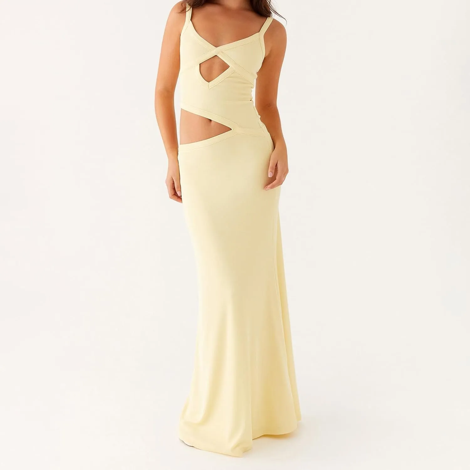 Women's Slip Maxi Dress Knit Sexy Lounge Low Cut Sleeveless Backless Hollow Ribbed Bodycon Dresses Long Dress
