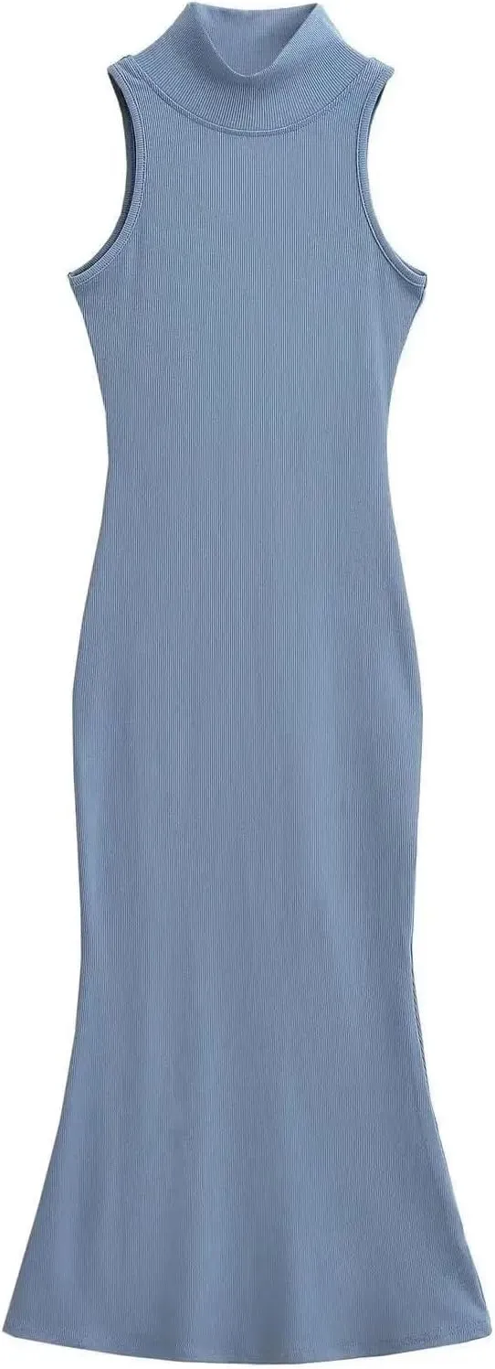 Women's Turtleneck Sleeveless Knitted Dress Slim Fit Stretch Solid Color Trumpet Fishtail Midi Dress