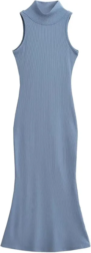 Women's Turtleneck Sleeveless Knitted Dress Slim Fit Stretch Solid Color Trumpet Fishtail Midi Dress