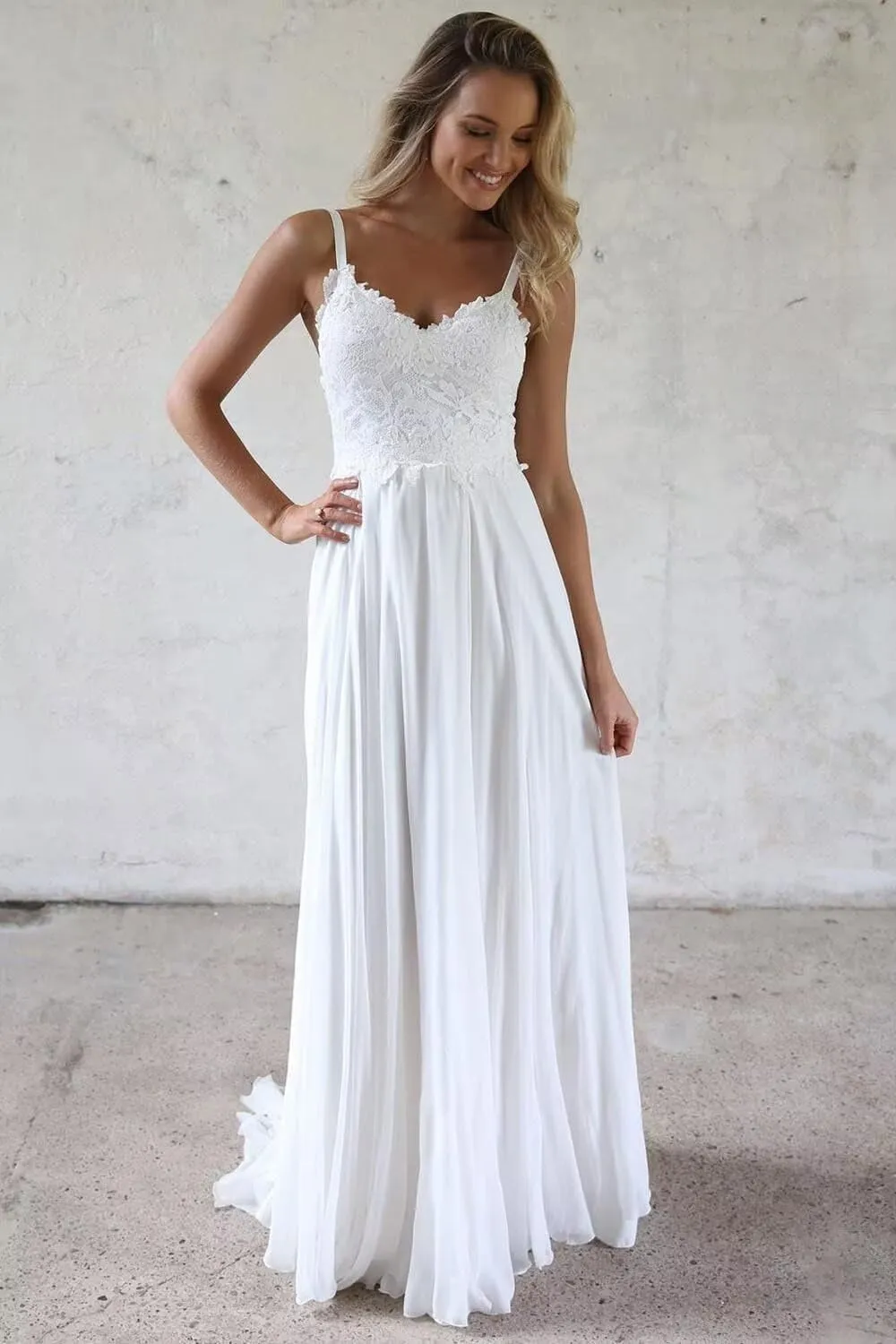 Women's V Neck Spaghetti Straps Beach Wedding Dresses for Bride, Long A-Line Chiffon Bridal Gown Lace Wedding Gowns
