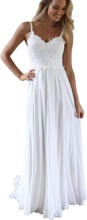 Women's V Neck Spaghetti Straps Beach Wedding Dresses for Bride, Long A-Line Chiffon Bridal Gown Lace Wedding Gowns