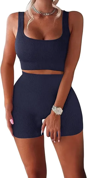 Women's Workout Outfits Ribbed Tank 2 Piece Seamless High Waist Gym Outfit Yoga Shorts Leggings Sets