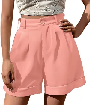 Xiaojmake Womens Summer Shorts Dressy Elastic Waist Wide Leg Suit Tailored Business Short Rolled Up Pleated Front Work Shorts