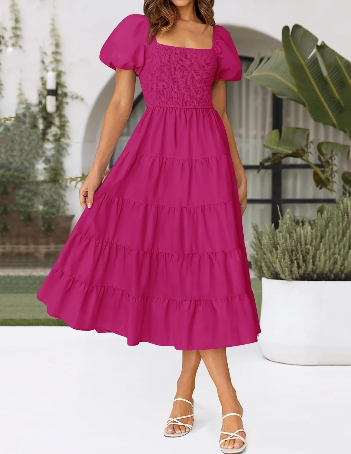 ZESICA Women's 2025 Summer Square Neck Short Puff Sleeve Solid Color High Waist Casual Smocked Flowy A Line Tiered Midi Dress