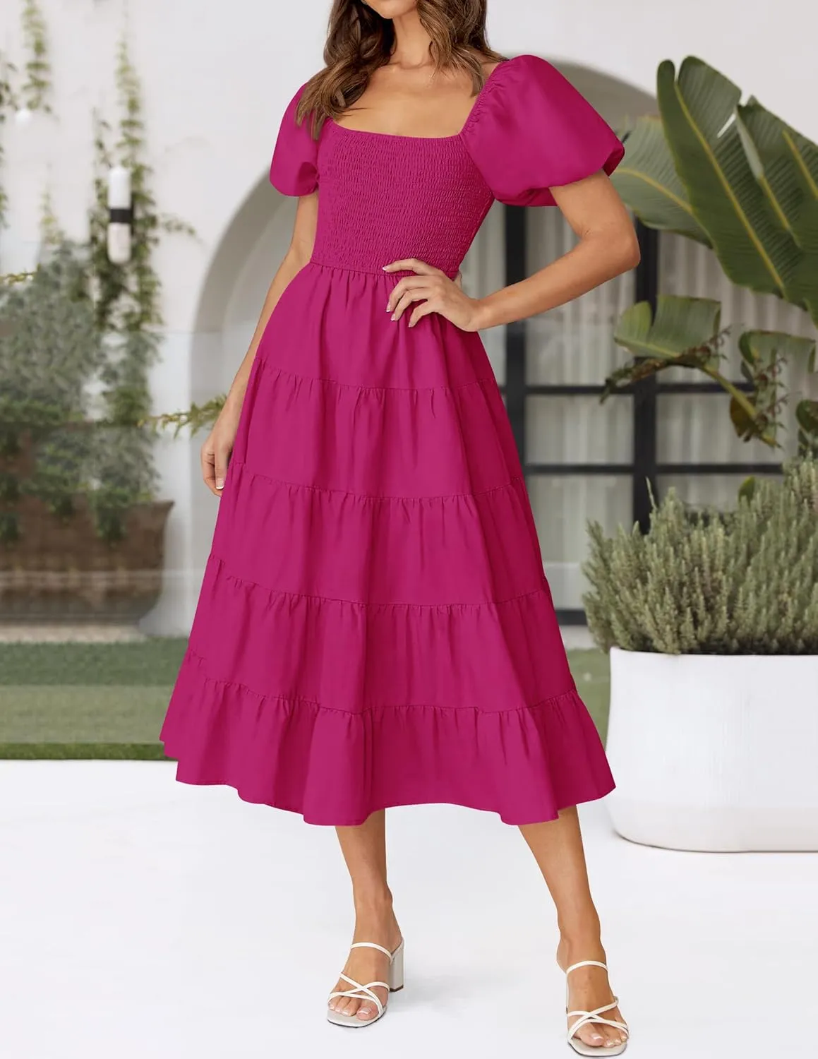 ZESICA Women's 2025 Summer Square Neck Short Puff Sleeve Solid Color High Waist Casual Smocked Flowy A Line Tiered Midi Dress