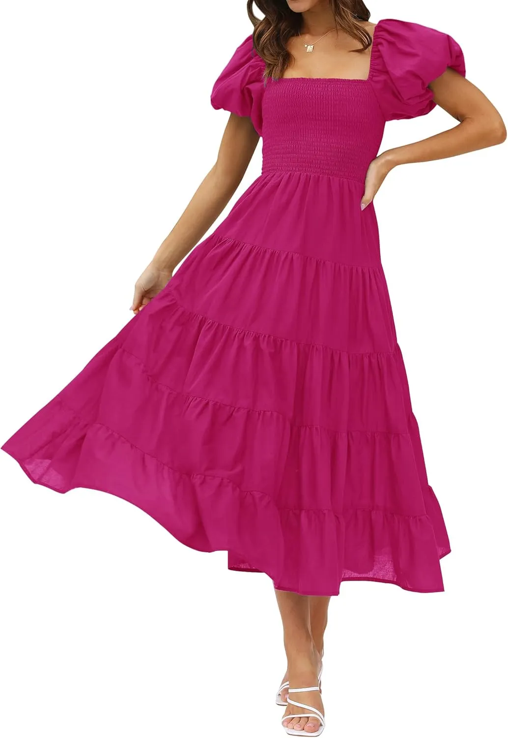 ZESICA Women's 2025 Summer Square Neck Short Puff Sleeve Solid Color High Waist Casual Smocked Flowy A Line Tiered Midi Dress